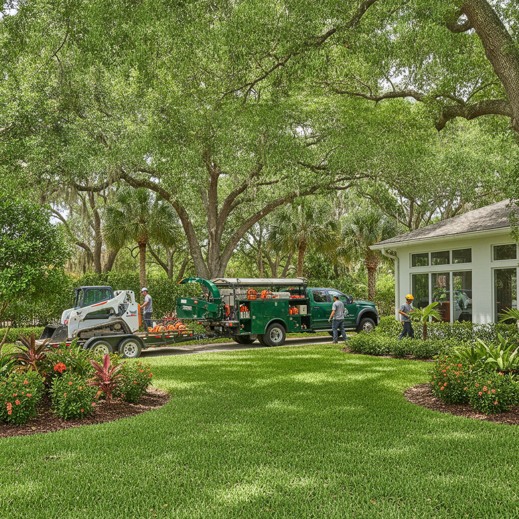 Tree service and landscaping crew truck in a lush Florida yard
